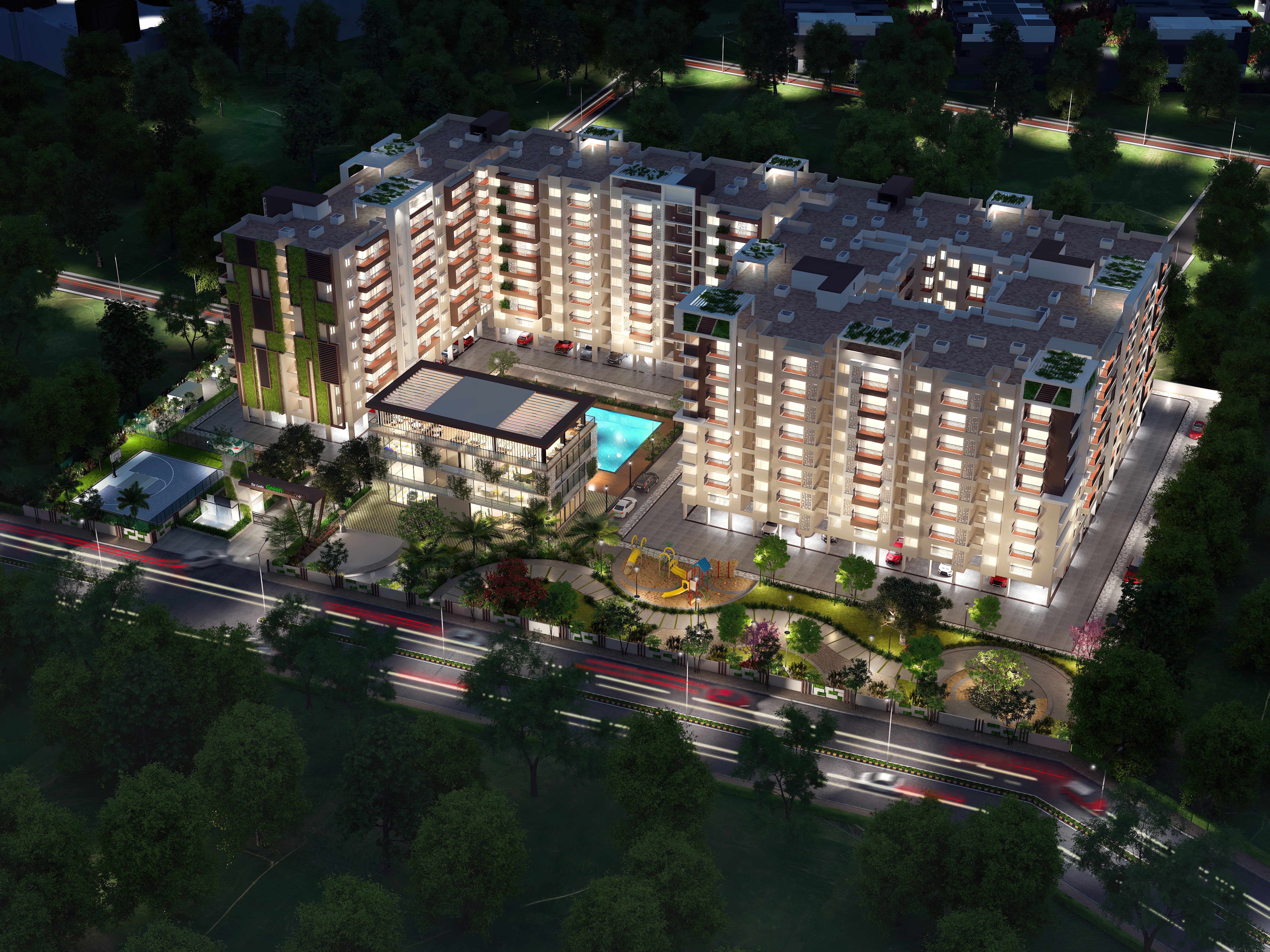 Green Boulevard aerial night view - Luxury apartments entrance in Sarjapur Road
